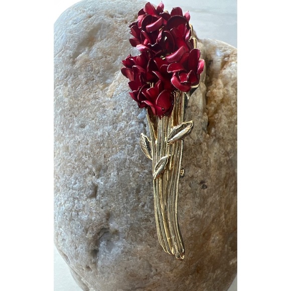 Vintage Bouquet dozen of red roses and gold stem brooch signed DM 97 romantic - Picture 4 of 4